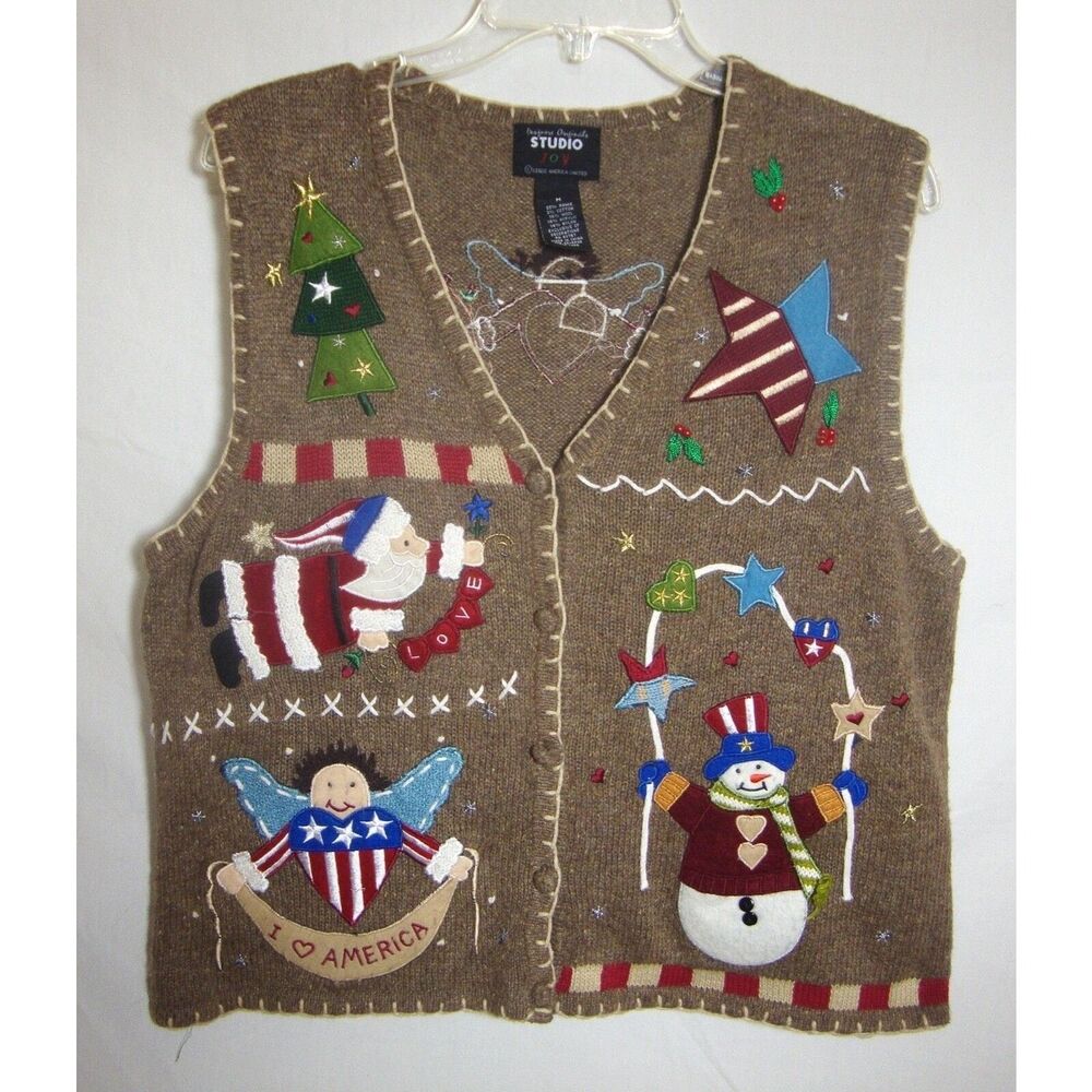 Christmas Sweater Vest Designer Originals SZ L Sleeveless USA Country Santa Snow